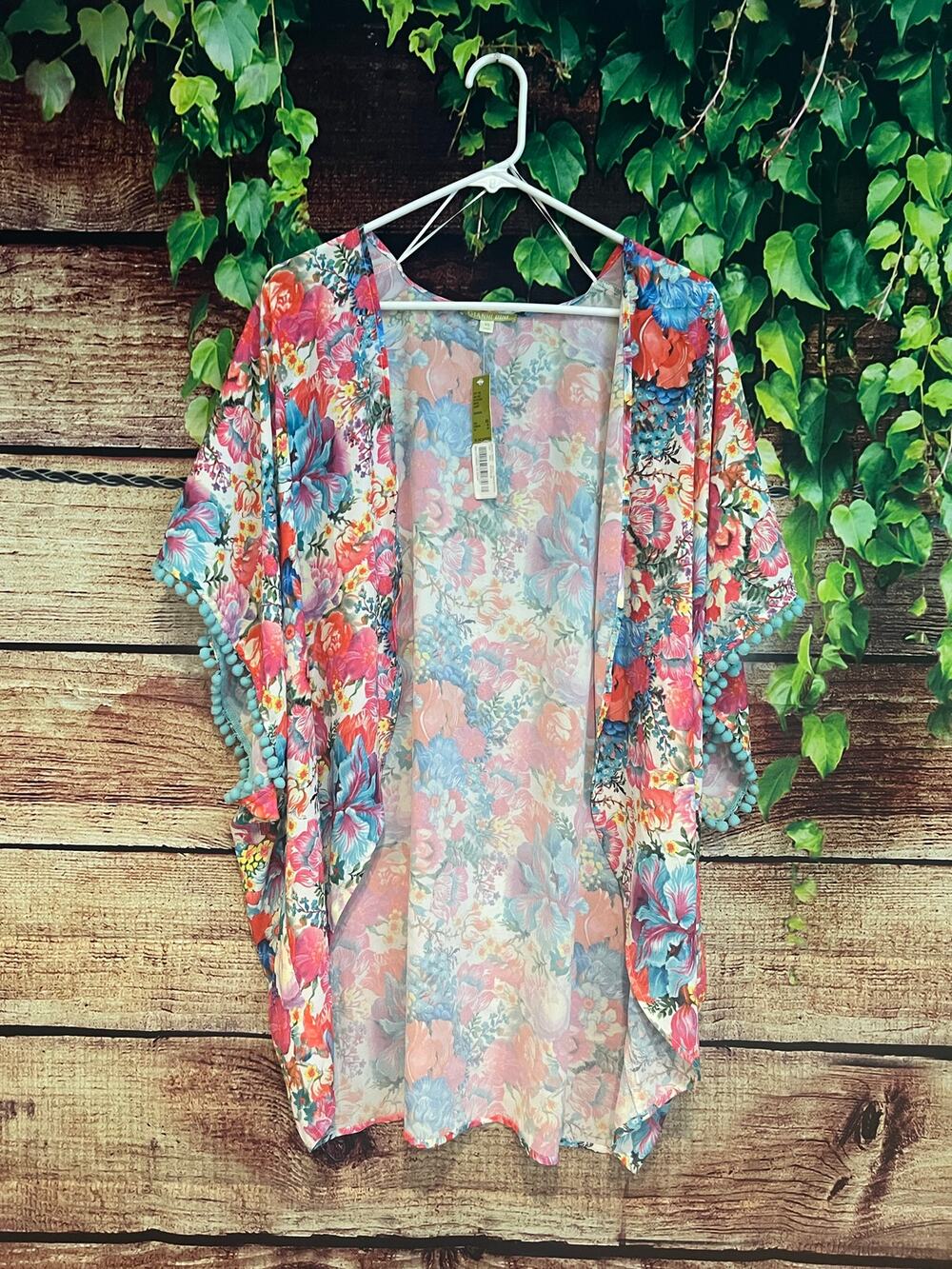 Gianni Bini Open Front Kimono Cardigan Floral Garden Spring Pom Pom Boho OS NWT